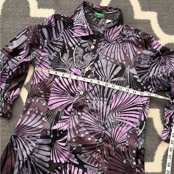 BENETTON purple print dress—cool botanical print silky tunic medium women’s - Picture 6 of 7